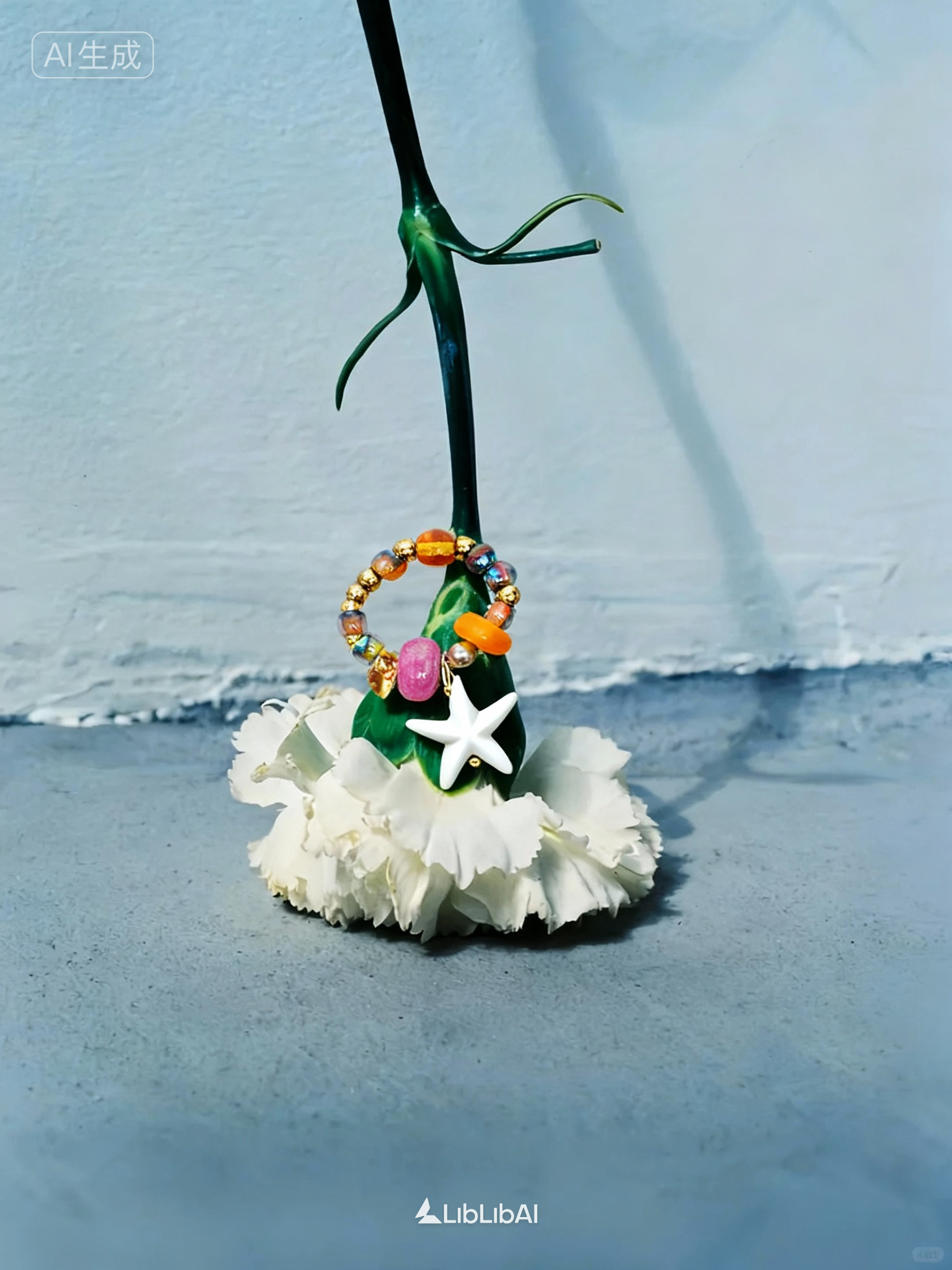 Fullice beaded earring suspended beside white flowers in strong natural window light