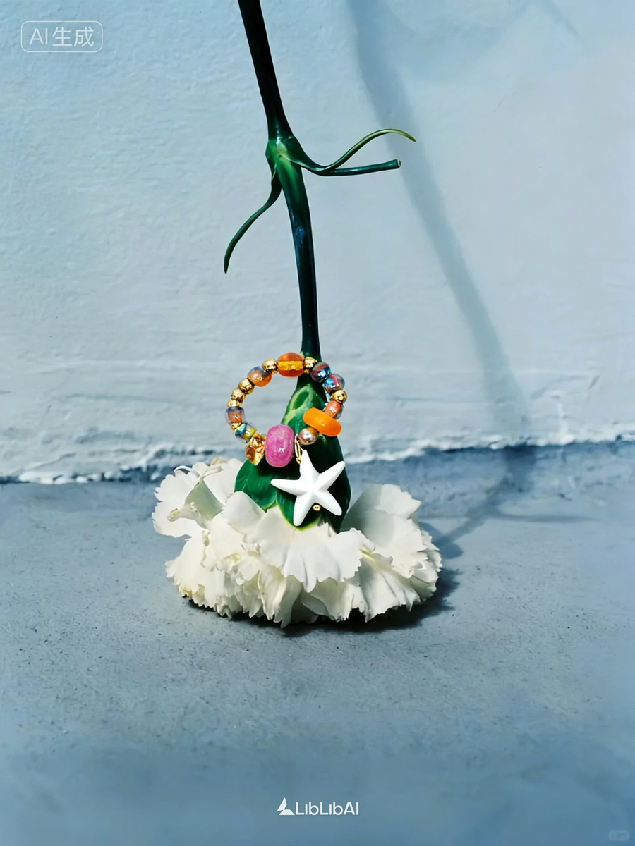 Fullice beaded earring suspended beside white flowers in strong natural window light