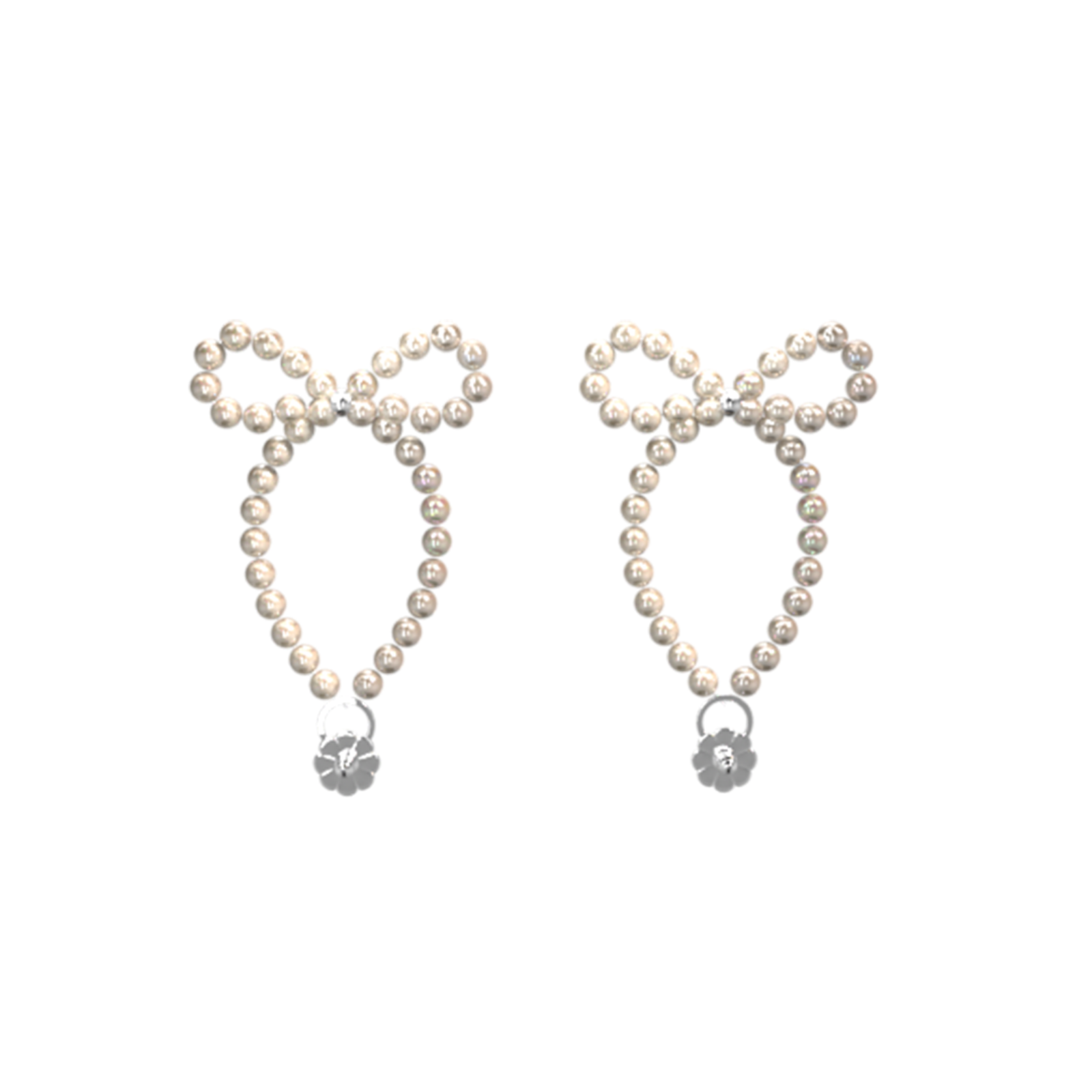 White pearl-beaded Fullice Bow Shell earrings on a black background