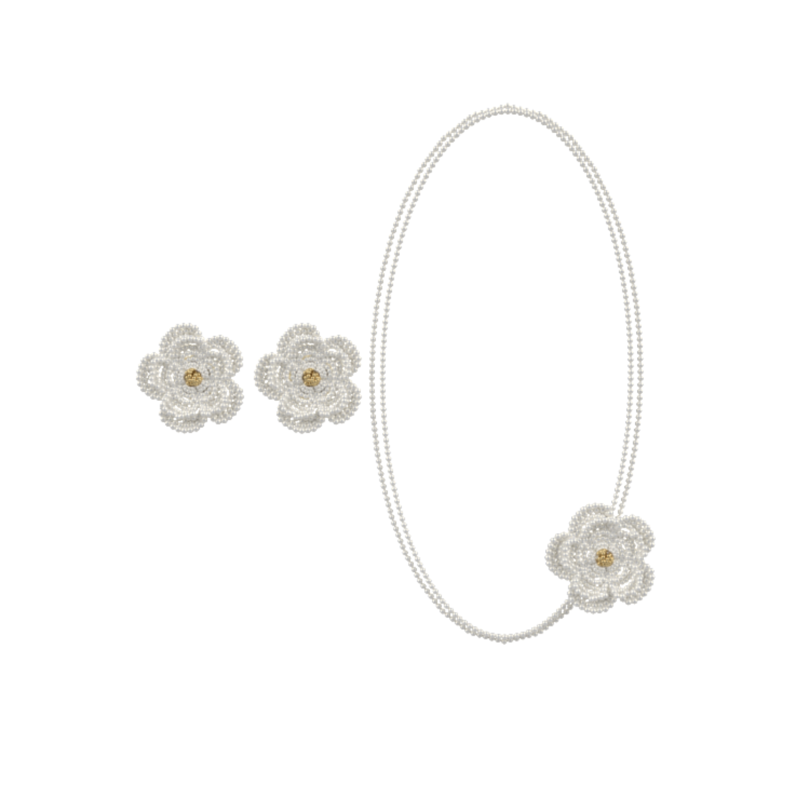White Fullice Camellia flower earrings and matching necklace arranged as a set
