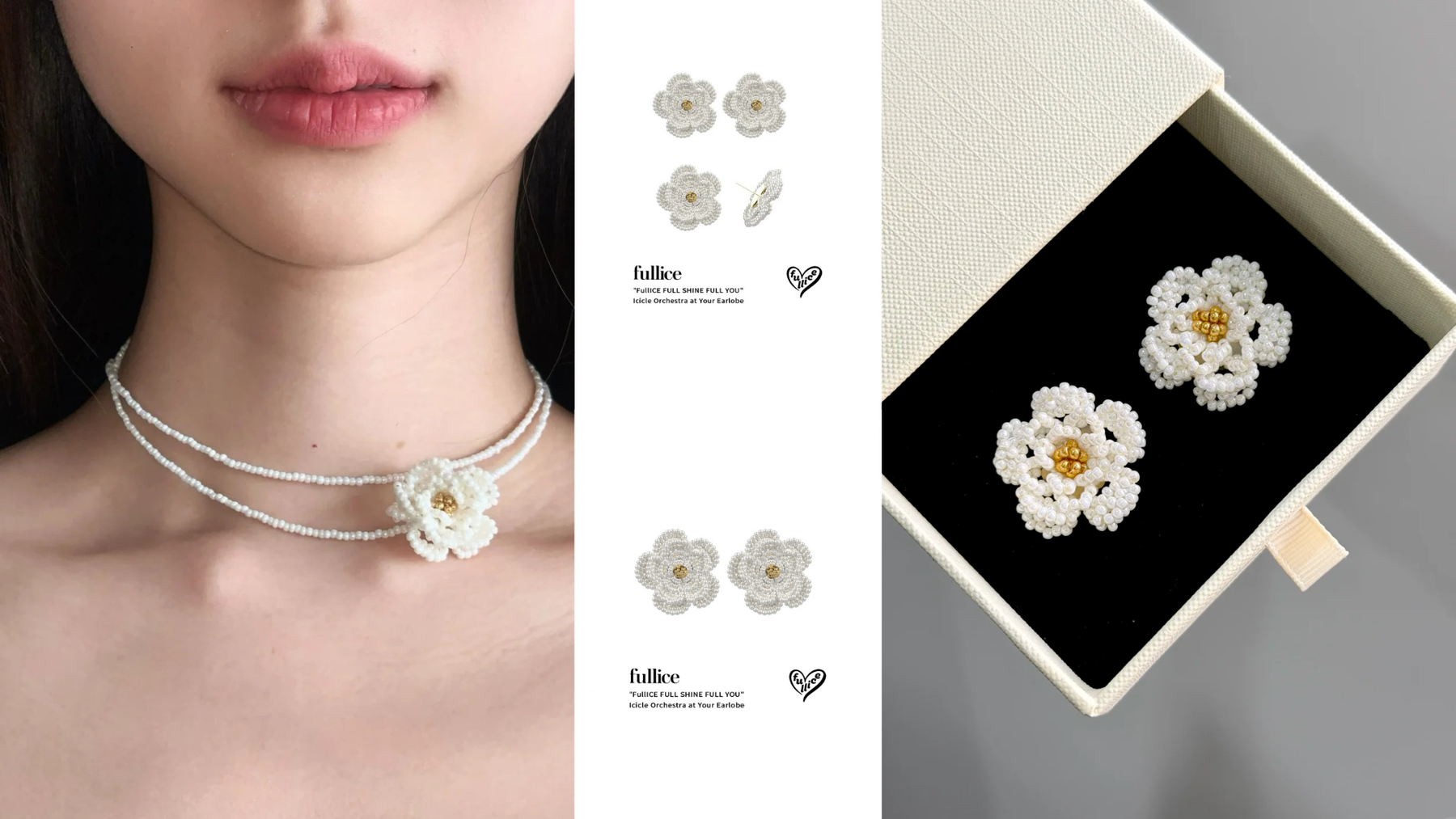 Fullice Camellia flower jewelry shown worn, as a set, and presented in a gift box
