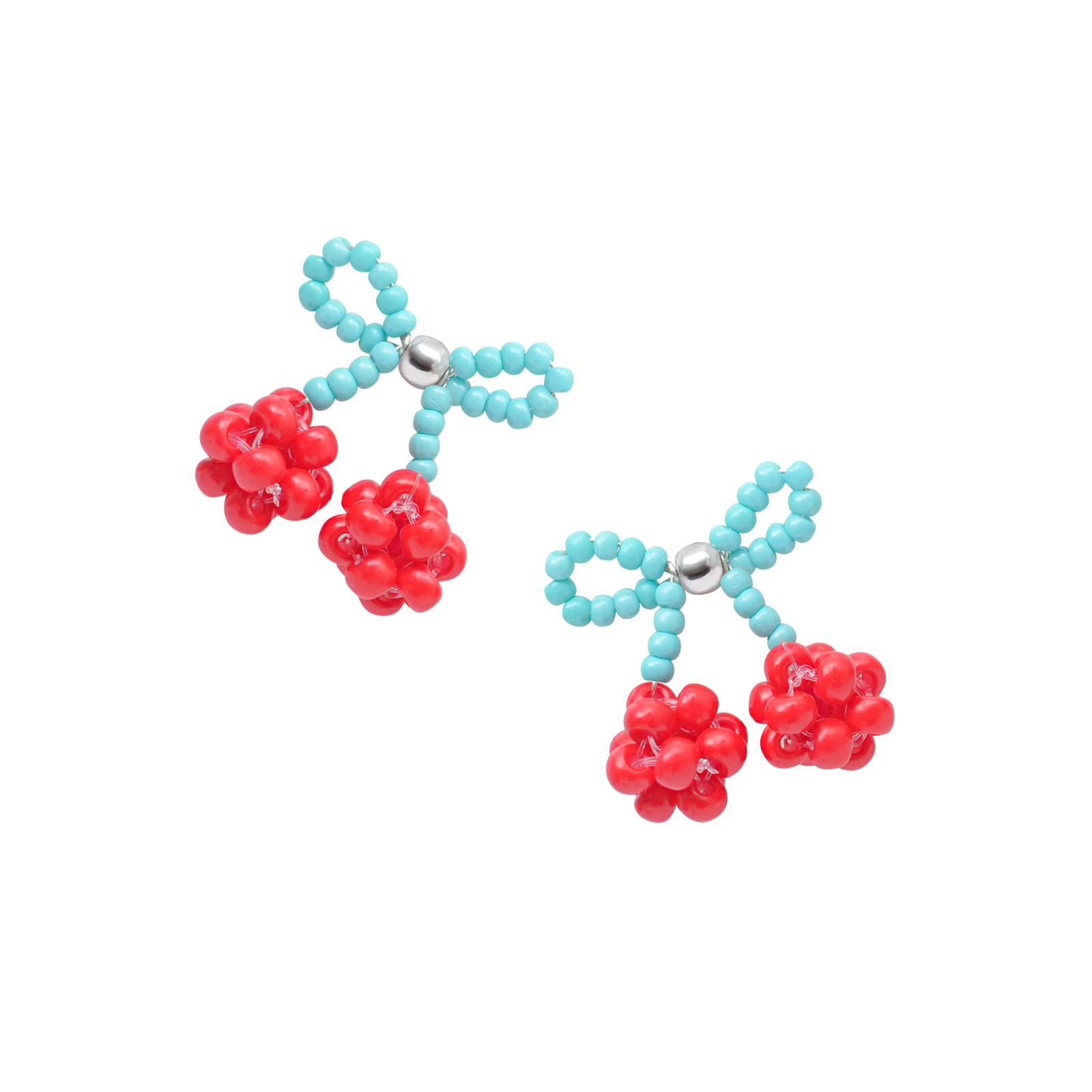 Red cherry-shaped Fullice beaded earrings with turquoise stems on a black background