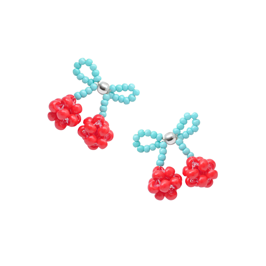 Red cherry-shaped Fullice beaded earrings with turquoise stems on a black background