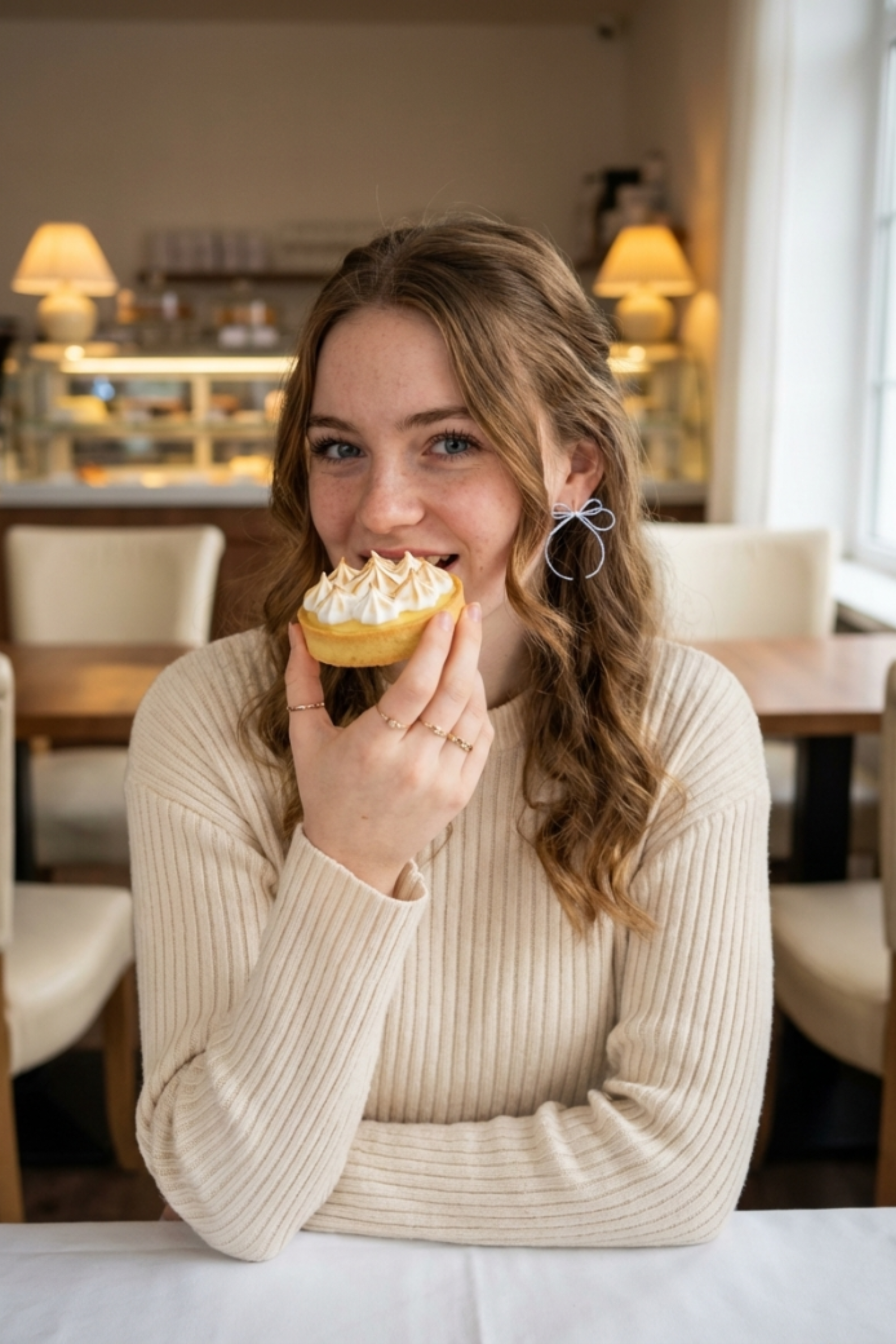Model in a cream knit top wearing pale blue Fullice bow earrings in a bright café setting
