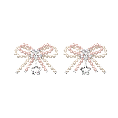 Petalia pale pink beaded bow earrings on a black background