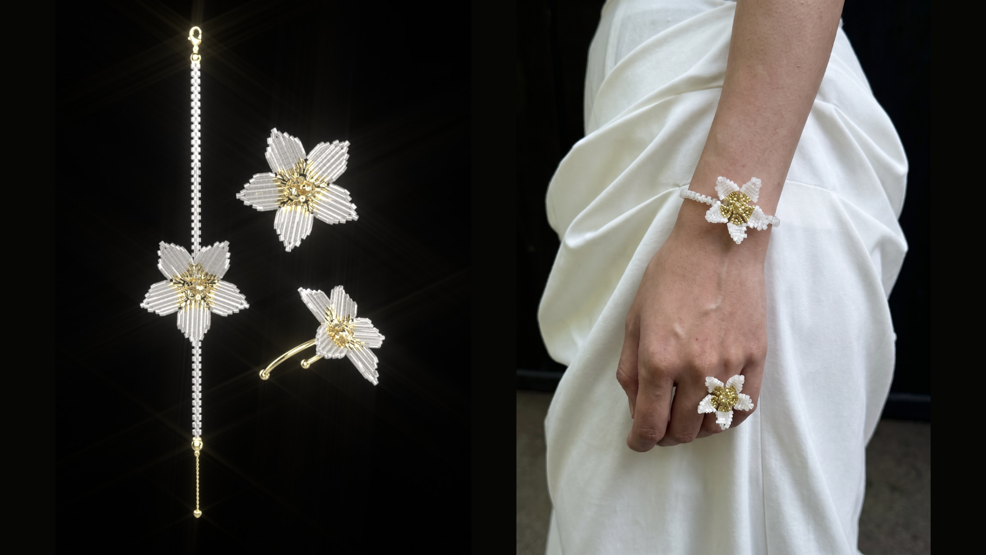Phala orchid ring and bracelet set styled with a white outfit